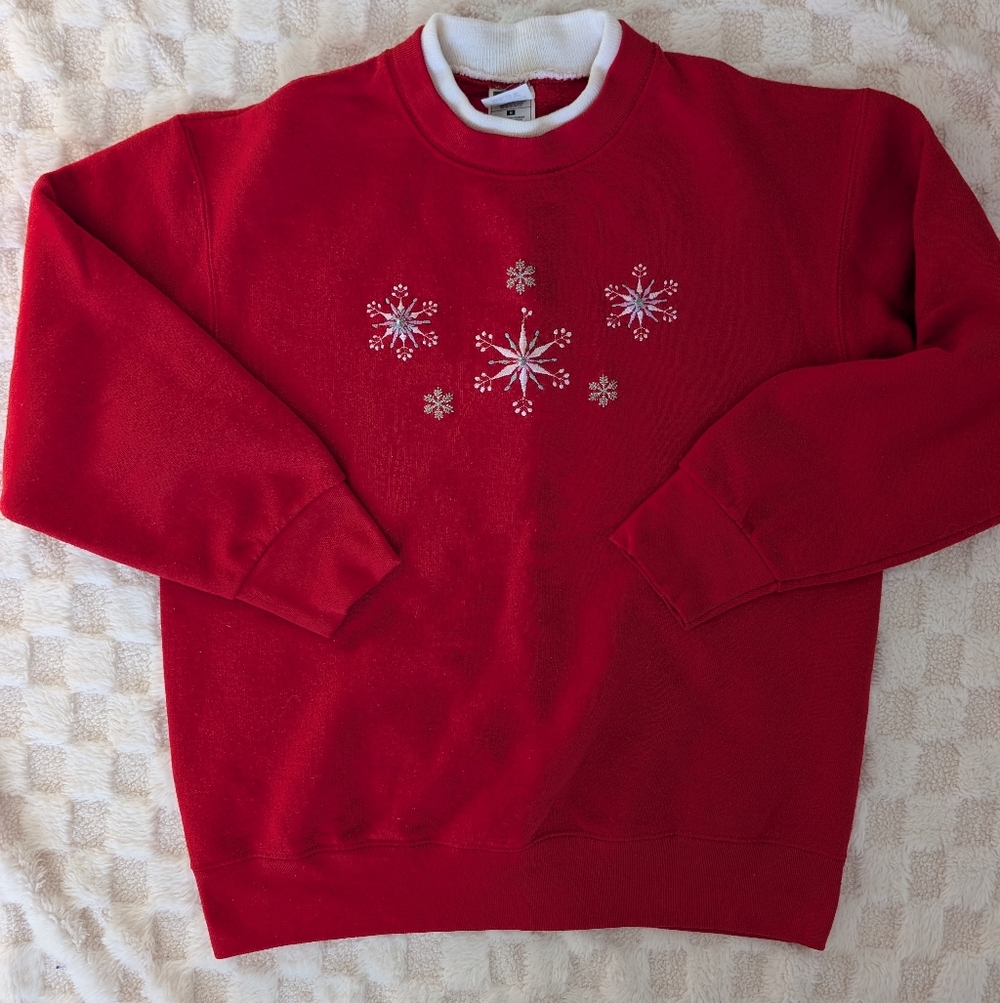 Fruit of the Loom Red Women's Crewneck Sweater With Embroidered Snowflakes On Th